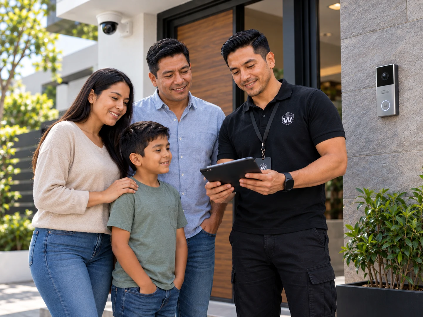 Familia recibiendo orientación de WAA TECHNOLOGY sobre su sistema de seguridad