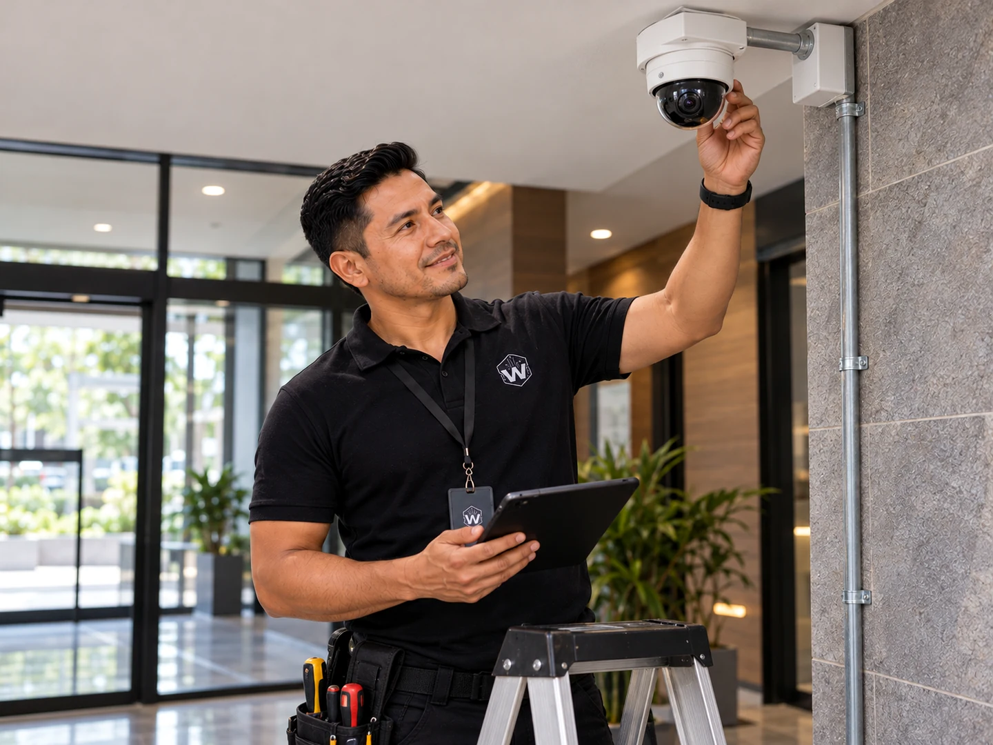 Técnico WAA TECHNOLOGY revisando una cámara de seguridad instalada
