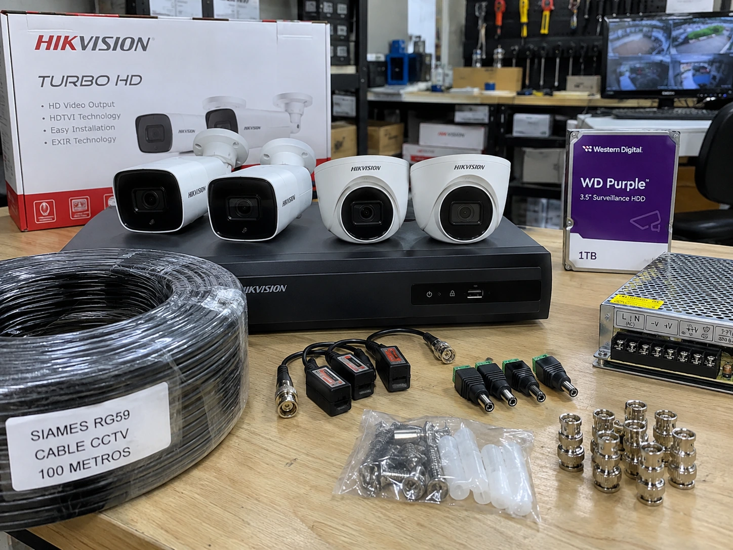 Combo profesional CCTV con cámaras, grabador y accesorios