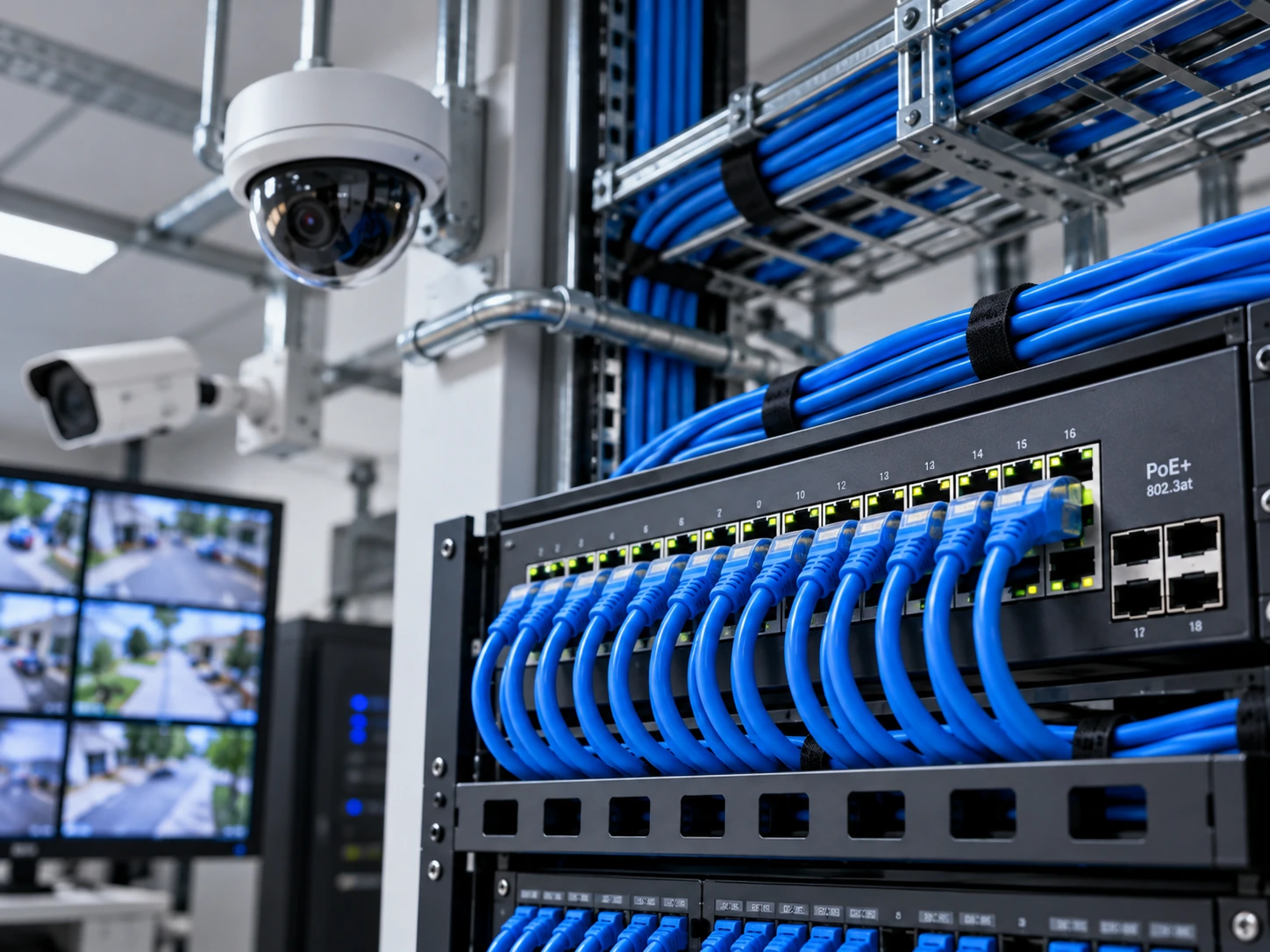 Infraestructura de red con switch PoE y cableado estructurado para CCTV