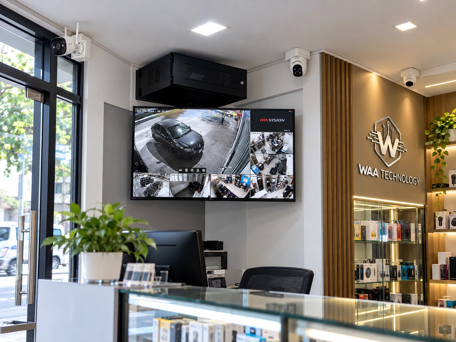 Instalación profesional de cámaras CCTV realizada por WAA TECHNOLOGY en negocio