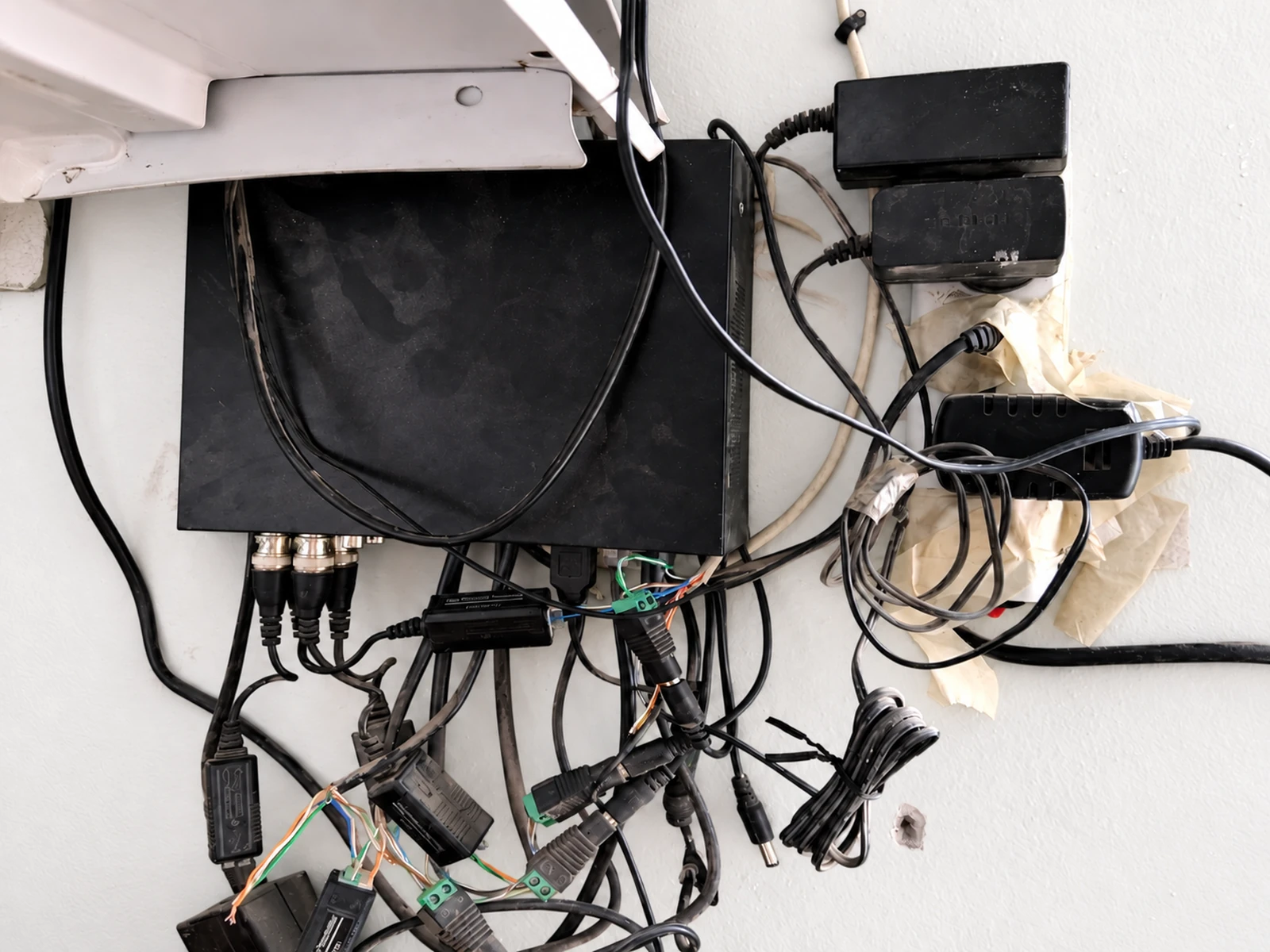 Antes: sistema CCTV con cableado y conexiones desordenadas