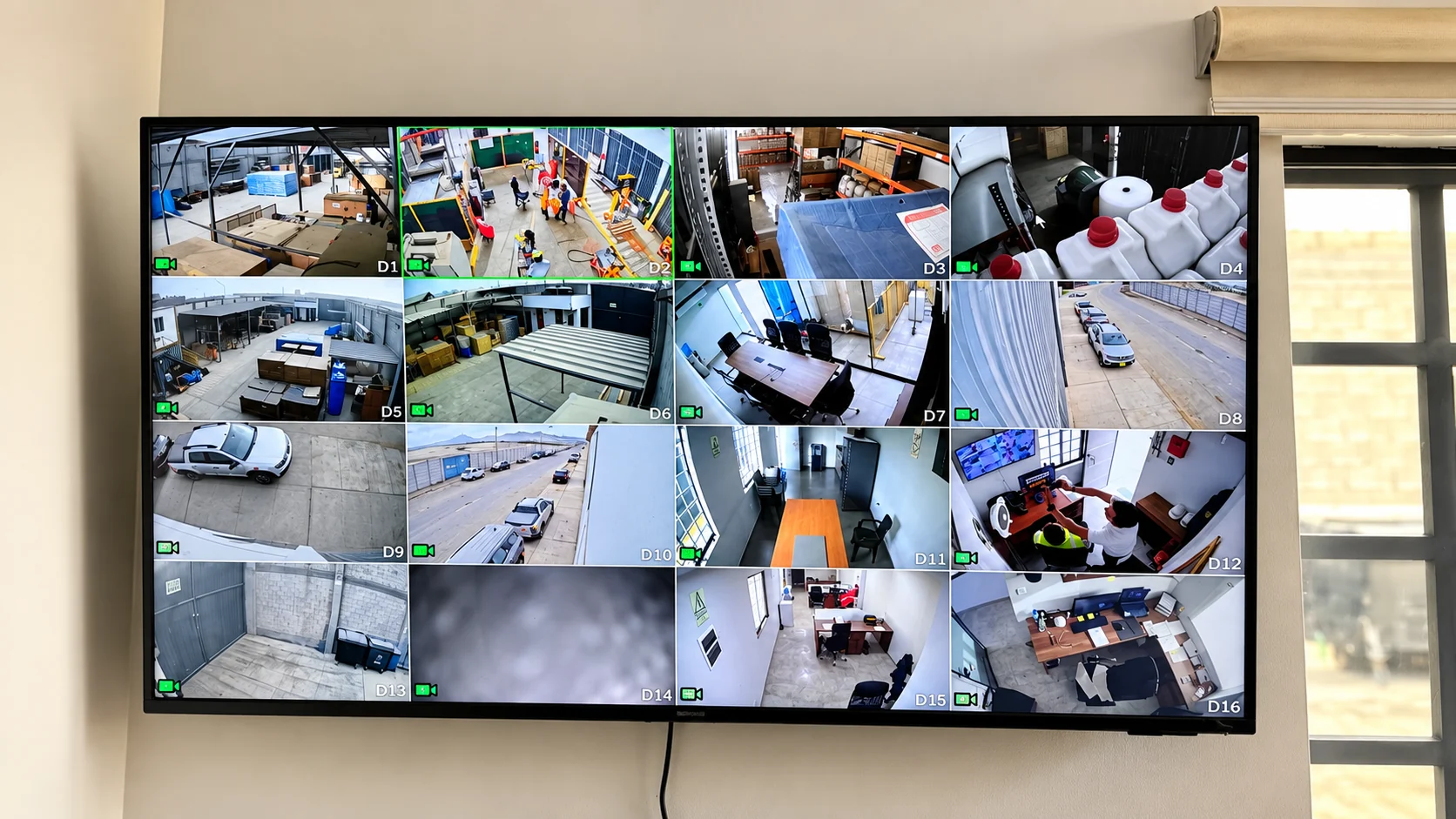 Monitor con múltiples cámaras CCTV de una instalación profesional