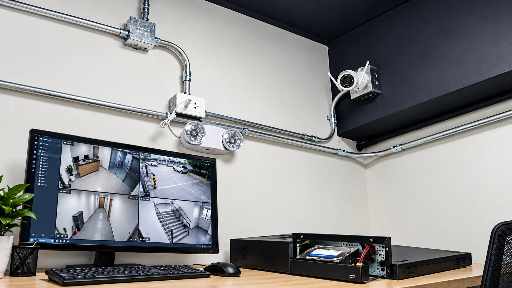 Centro de monitoreo CCTV con cámara, monitor y grabadores