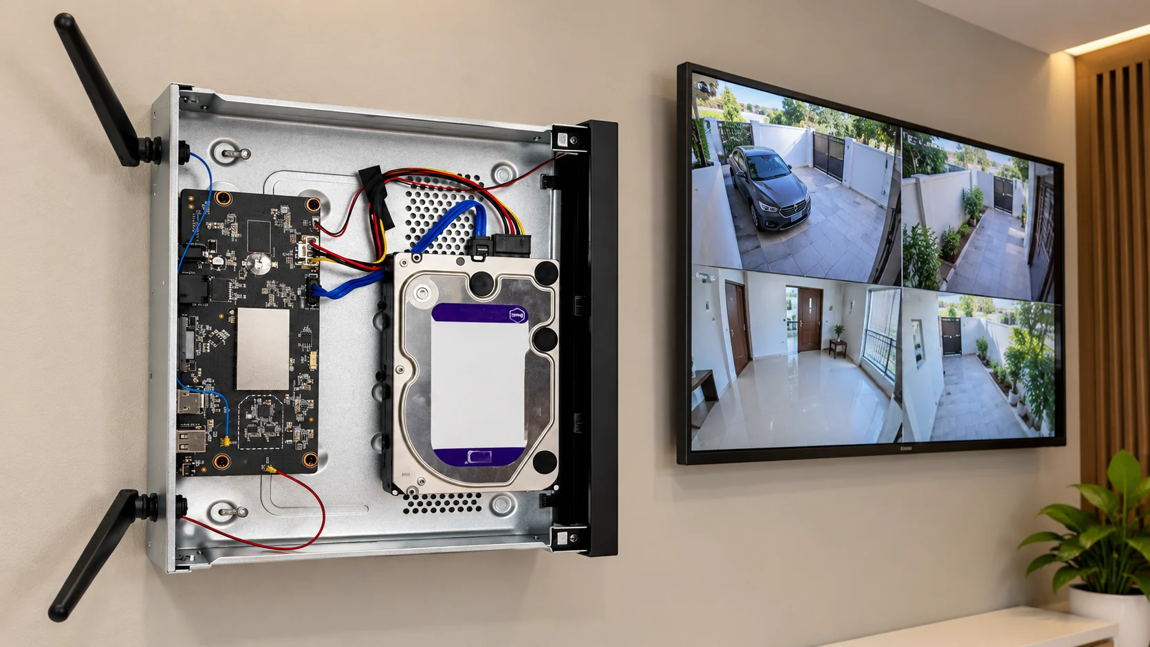 Instalación moderna de videovigilancia con canalización y cámara