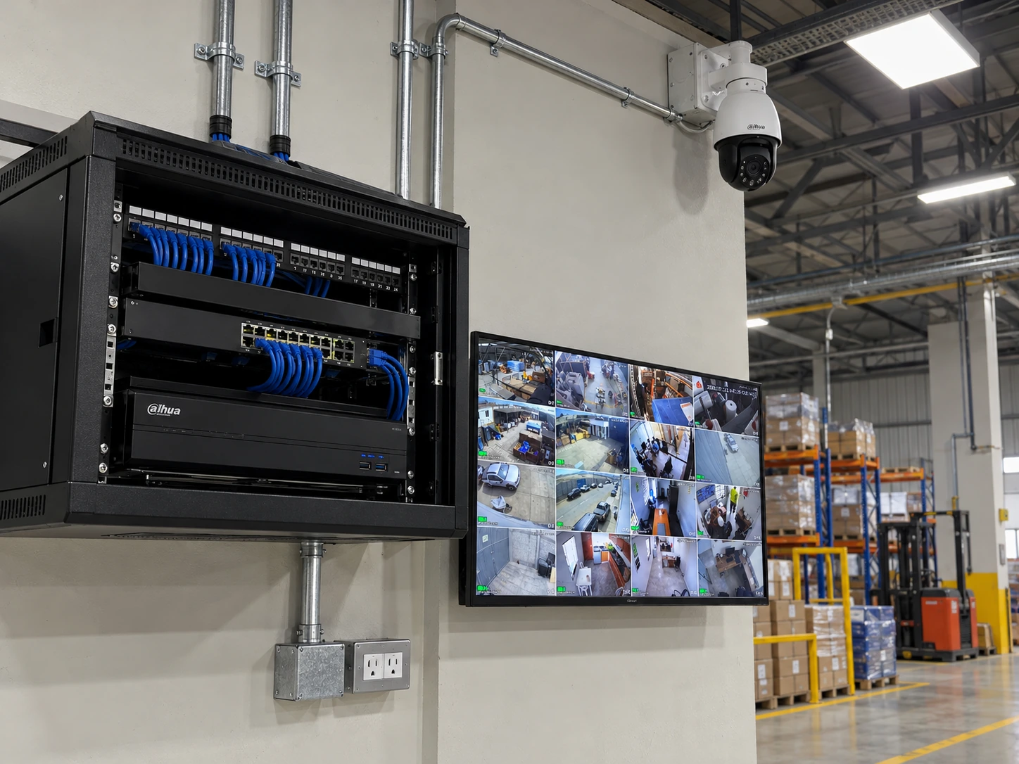 Proyecto IP empresarial con rack, NVR y red