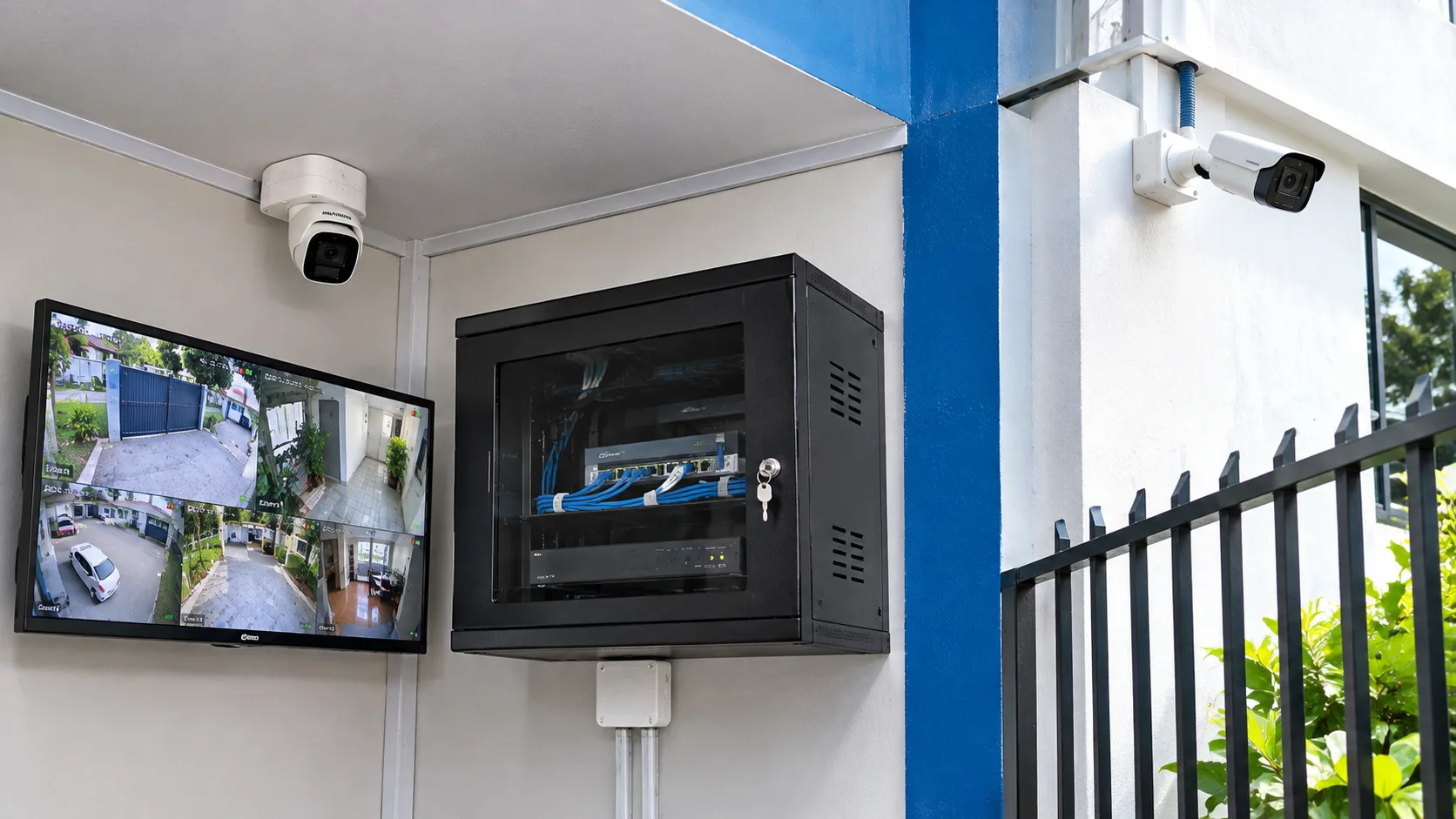 Sistema CCTV completo con cámara exterior, cámara interior, gabinete de comunicaciones y monitor