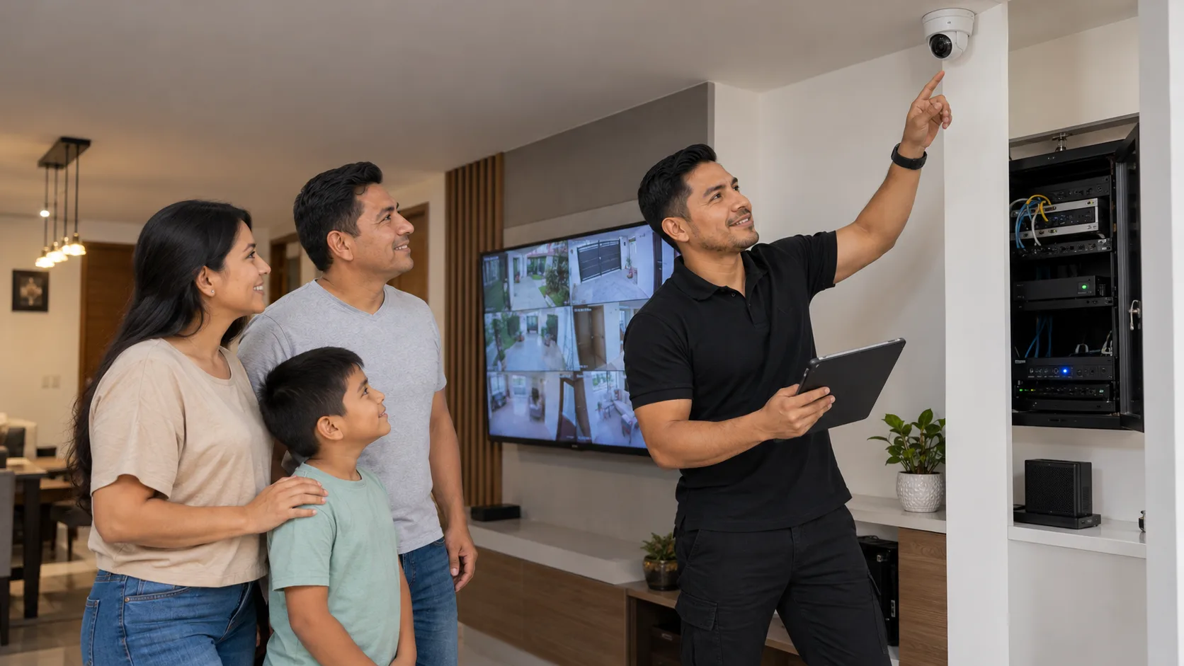 Técnico explicando a una familia el funcionamiento de un sistema CCTV dentro de una vivienda