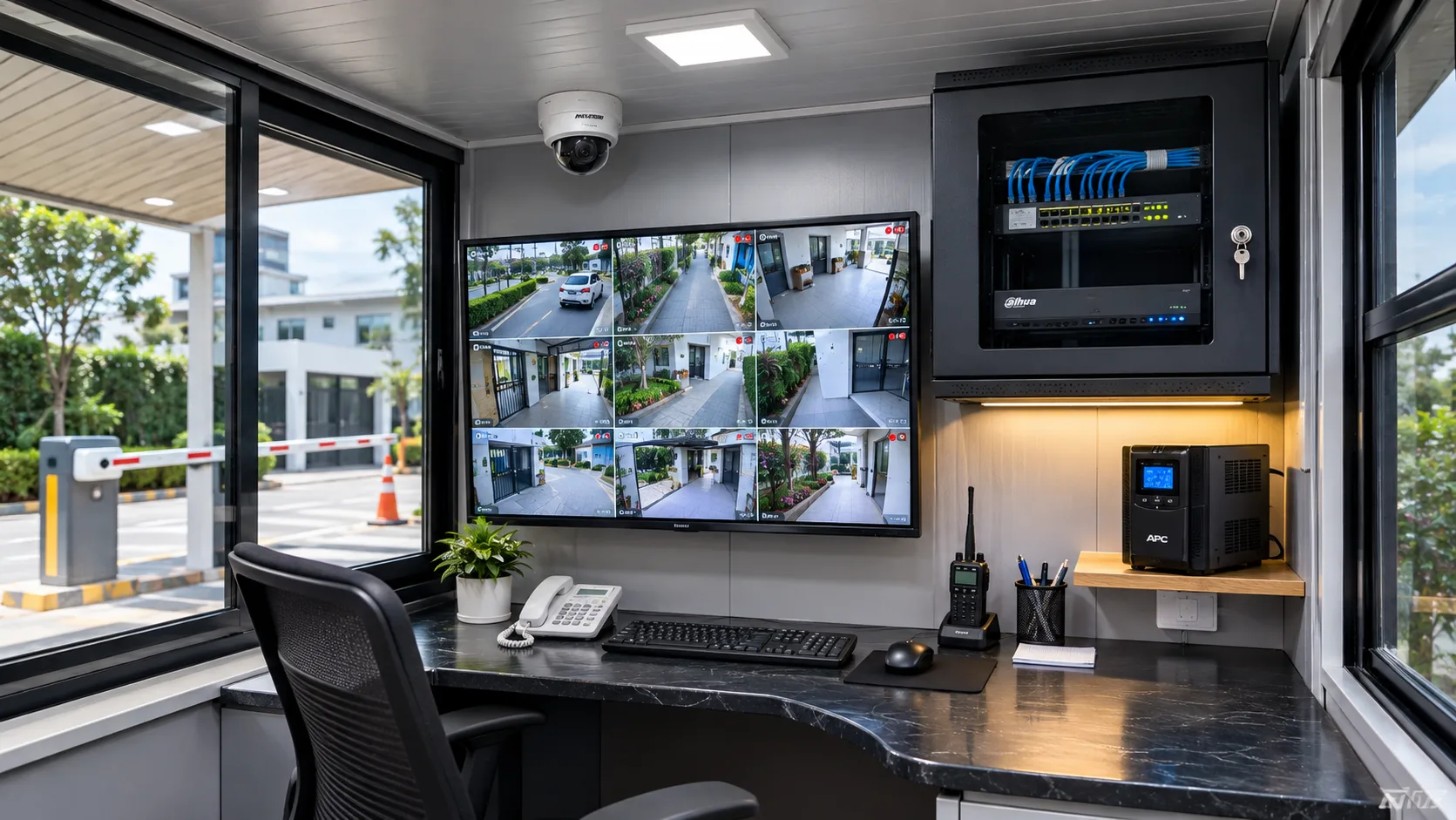Caseta de vigilancia con monitor CCTV, gabinete de comunicaciones, UPS y control de acceso exterior