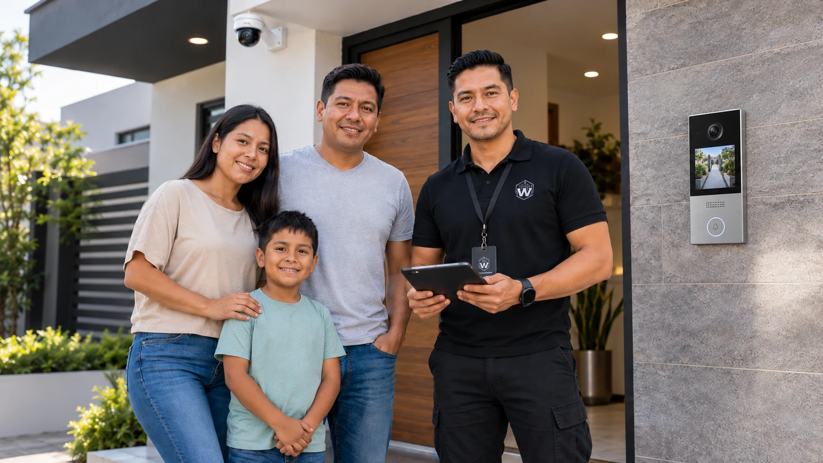Familia satisfecha junto a técnico de WAA Technology con instalación de seguridad y videoportero